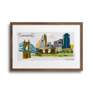 Cincinnati Flying Pig Skyline Poster - Cincinnati City Art, Cincinnati Skyline, Cincy Skyline, Cincinnati Illustration, Roebling Bridge