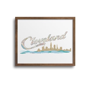 Cleveland Ohio Skyline Poster | Notecards - Cleveland Script Sign, Cleveland Skyline Art Print, Cleveland City Art, Cleveland Cityscape