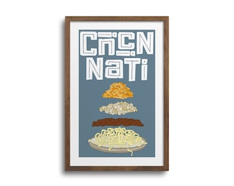 Cincinnati Chili Illustration Art Print - Cincinnati Poster, Cincinnati Skyline Chili, Cincinnati Wall Art, Foodie Wall Art