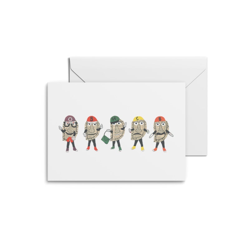 May include: Five cartoon characters shaped like empanadas wearing hats and holding various accessories. The characters are wearing red, yellow, green, blue, and orange hats. The characters are all smiling and have different expressions.