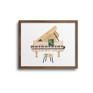 May include: A framed print of a grand piano made from old sheet music. The piano is black and white with a green book on top that says "Dictionary of Music Technology". The piano is sitting on a stool with a sign that says "Fiddler on the Roof".
