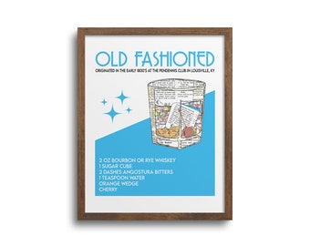 Old Fashioned Cocktail Art Print - Kitchen/Bar Art, Cocktail Poster, Retro Wall Art, Mid Century Art Print, Cocktail Bar Art, Bourbon Art