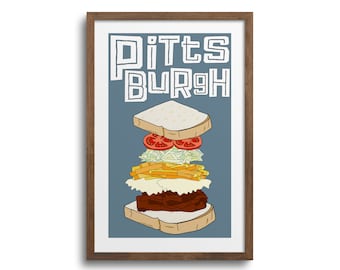May include: A framed print featuring a stylized illustration of a Pittsburgh sandwich. The sandwich is layered with bread, tomatoes, coleslaw, french fries, egg, and meat. The word "PITTSBURGH" is printed in white block letters above the sandwich against a blue background.
