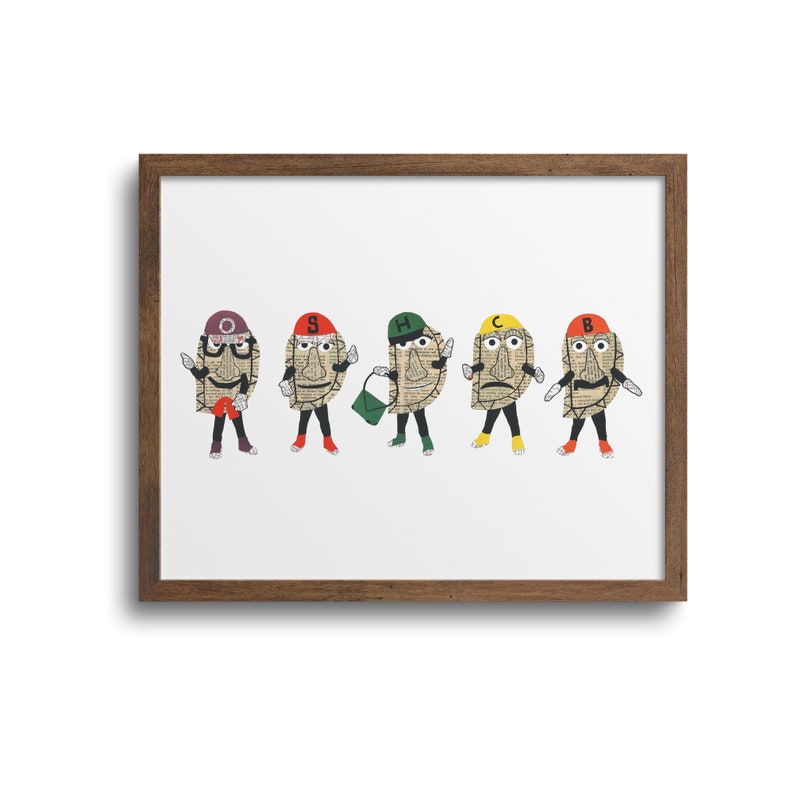 May include: Five cartoon characters wearing hats with letters on them. The characters are all wearing different colored hats and have different facial expressions. The characters are standing in a row and are all facing forward.