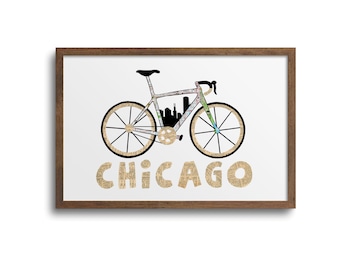 Chicago Bike Skyline Prints | Notecards - Chicago Poster, Chicago Cards, Bike Art Print, Bike Cards