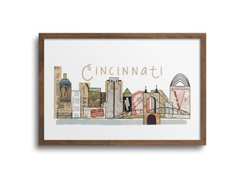 Cincinnati Horizontal Skyline Prints | Notecards - Cincinnati Skyline Poster, Cincinnati Cityscape, Cincy City Art, Cincinnati Cards
