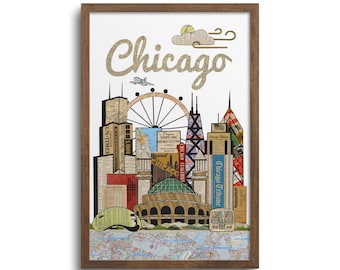 May include: A collage of vintage newspaper clippings and maps depicting the Chicago skyline. The collage includes iconic landmarks like the Willis Tower, the John Hancock Center, and the Wrigley Building. The word "Chicago" is written in a stylized font at the top of the image.