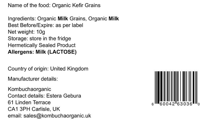 Keifer Label 10g of Organic Milk Kefir Grains: Live Culture, Non-dairy Options, LAB ...