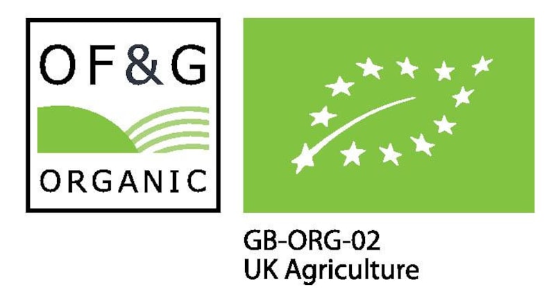 May include: A green and white logo with the text "OF&G Organic" and a stylized green field with a curved line and five green stripes. The logo is next to a green square with a white stylized leaf with 12 white stars around it. The text "GB-ORG-02 UK Agriculture" is below the logos.