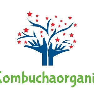 May include: A blue stylized tree with red stars and two blue hands reaching up to catch the stars. The text "Kombuchaorganic" is written in green below the tree.