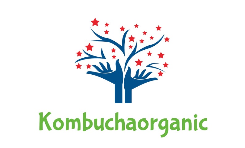 May include: A blue stylized tree with red stars and two blue hands reaching up to catch the stars. The text "Kombuchaorganic" is written in green below the tree.