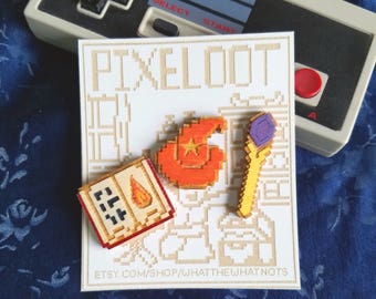 8 Bit Fire Mage Lapel Pin Set - Classic Video Game Magician Inspired Wood Pin Set - RPG Character Class Pixel Pin Set
