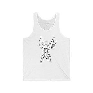May include: White tank top featuring a black line drawing of a whimsical character with a star and a crescent moon shape. The character has a smiling face and long, flowing limbs. The tank top is made of a soft, lightweight material.