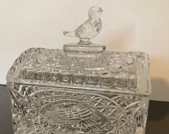 Large Hofbauer Byrds Lead Crystal Dome Lidded Jewelry Box Trinket Box Bird Handle West Germany