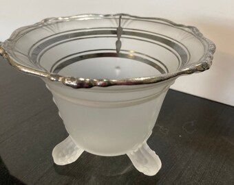 Frosted Glass Art Deco Relish Bowl Condiment Bowl Sugar Footed Bowl Silver Overlay 3 Silver Stripes