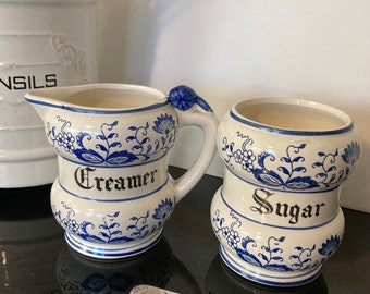 Creamer Sugar Set Blue Onion Blue Danube Canisters Blue and White