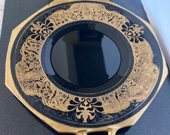 Gold Overlay Black Glass Serving Plate Handled Platter LE Smith Mt Pleasant
