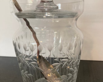 Cut Glass Sugar Marmalade Jar Lid Floral Flowers Lines