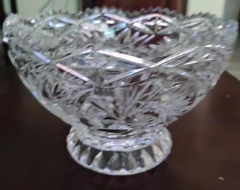 Hand Cut Lead Crystal Footed 6 Inch Bowl Pinwheel and Star of David Design Scalloped Rim