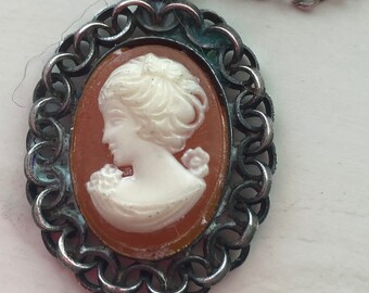 Cameo Necklace Victorian Style Amber Woman Acrylic Sterling 14” Chain