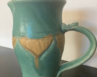 Teal Pitcher Flower Vase Turquoise Ceramic Aqua Leaf Design