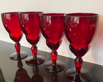 Ruby Red Wine Glasses Set of 4 Decorative Base Paneled Stem