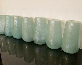 High End Teal Tumblers Set of 7 Handblown Crackle Roly Poly Glasses Turquoise Aqua MCM Mid-Century Midern