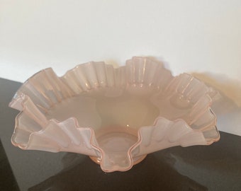 10” Pink Ruffled Edge Glass Serving Bowl Candy Dish Rose Glass Fenton Glass 7-1/2” 1940