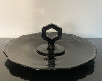 Silver Overlay Black Glass Handled Serving Plate Sandwich Plate Desert Platter Amethyst Glass LE Smith Mt Pleasant