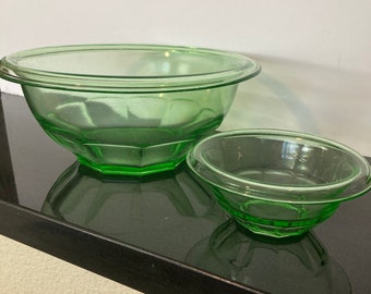 Vintage Green Glass Uranium Mixing Bowls Pair of Two Small and Large