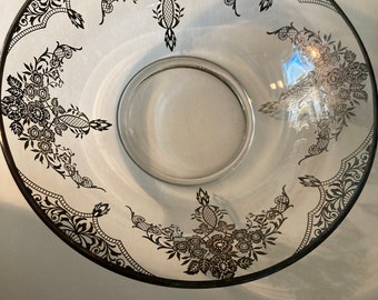 Silver Overlay Glass Serving Bowl Floral Design Art Deco Style