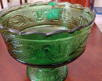 Green Glass Footed Pedestal Bowl Emerald Green 1950s Brody