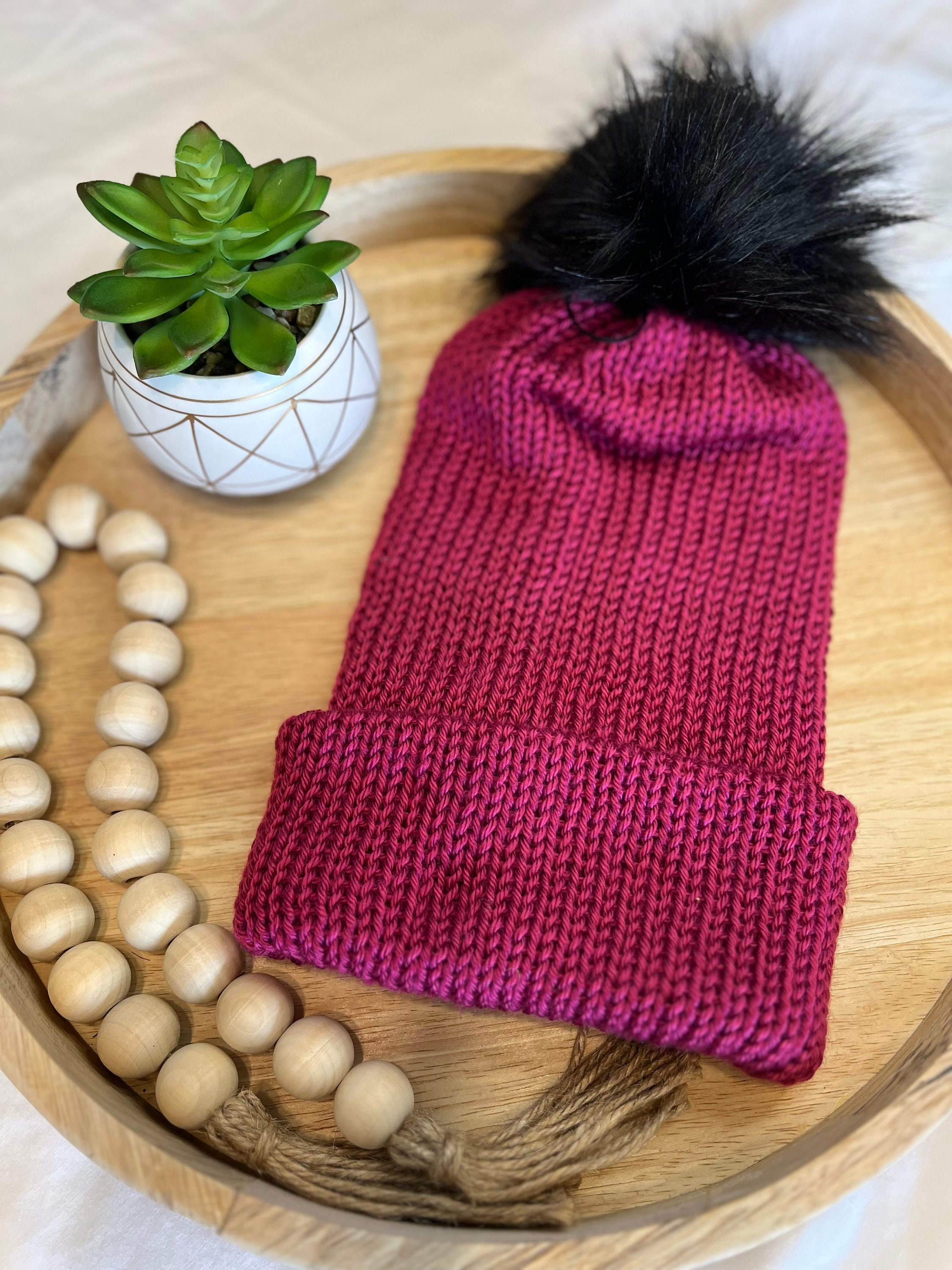 Handmade Fuschia Knit Beanie: Winter Hat With Pom Pom - Etsy display picture 1