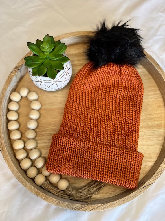 Vintage Deep Orange 100% Acrylic Made in Japan Knit Beanie Puff Top One Size Stretch Cuff Beanie- Burnt Orange – Pladra main image 4