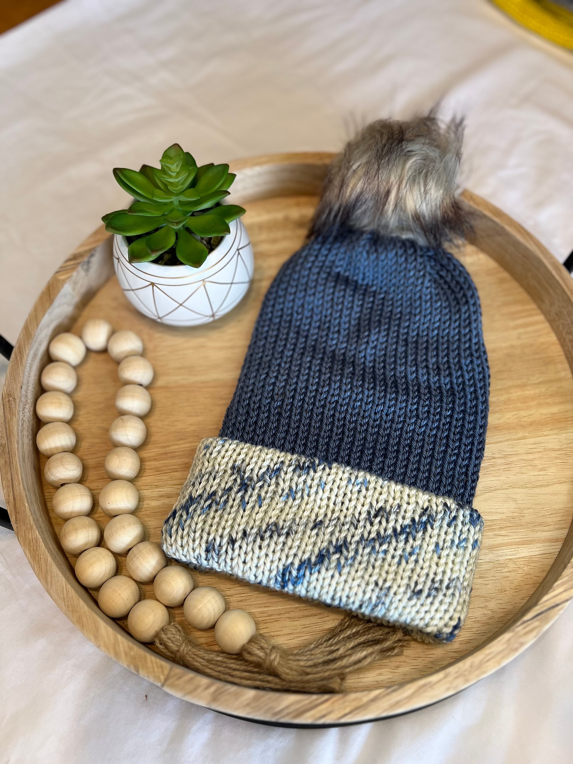 Handmade Winter Hat ?Dark blue/beige Handcrafted Colorful Knitted Blue Hat Unisex | Cozy Winter  main image 2