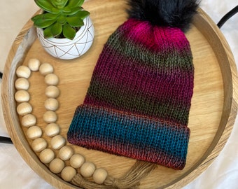 Handmade Knit Beanie with Faux Fur Pom Pom - Winter Hat
