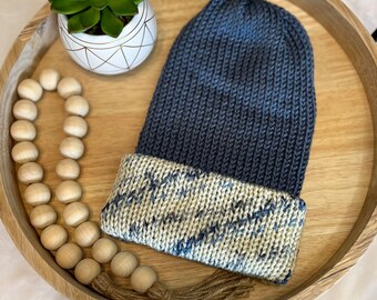 Handmade Winter Hat ?Dark blue/beige Handcrafted Colorful Knitted Blue Hat Unisex | Cozy Winter  main image 4