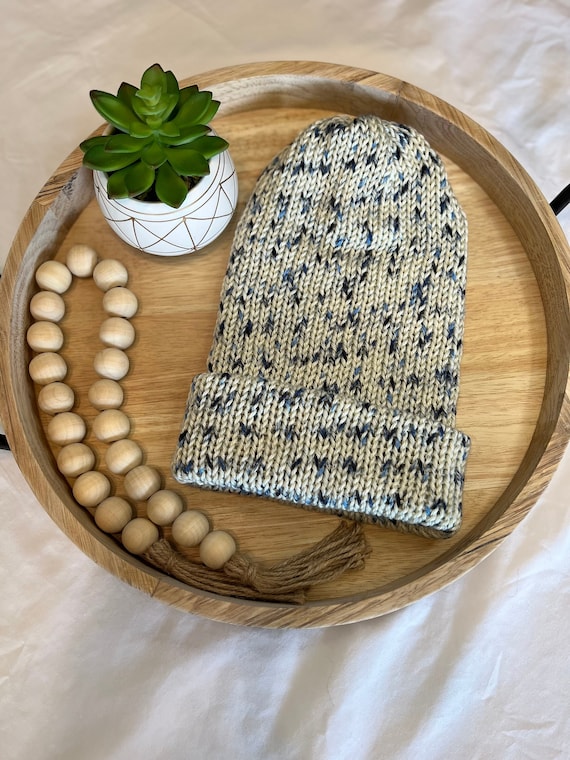 Handmade Knit Beanie: Cream and Blue Speckle Acrylic Winter 