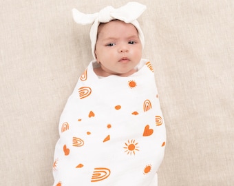 Organic Swaddle Baby Wrap - Desert Days - Rust Orange - Gender Neutral - Baby Blanket - New Baby Gift - Baby Shower - Add Fringe
