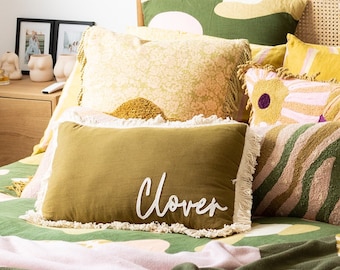 Personalized Linen Cotton OLIVE Handmade Cushion. Australian Handmade. Nursery Decor. Kids Room. Green. Baby Gift. Gender Neutral. Birthday