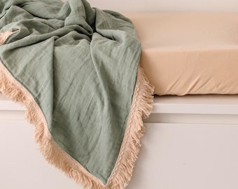 Organic Muslin Gauze Swaddle Blanket - SAGE - Cotton Fringe - Baby Gift - Neutral - Earthy - Green - Baby Shower - FREE Shipping - Aus