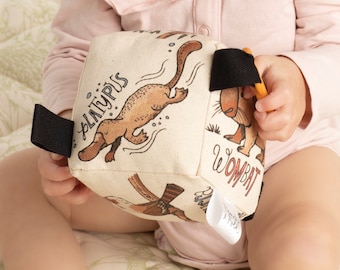 Juguete de sonajero de bloque suave orgánico - animales australianos de acuarela - hecho a mano - género neutro - regalo de bebé - unisex - regalo de baby shower