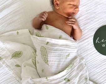 Organic Muslin Swaddle Wrap - Hand Drawn Green Leaves - GOTS certified organic cotton - Gender Neutral - Unisex - Baby Gift - Baby Blanket