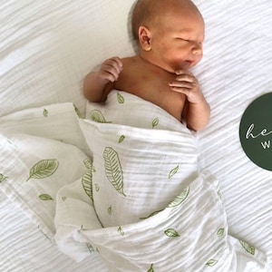 Organic Muslin Swaddle Wrap Hand Drawn Green Leaves GOTS certified organic cotton Gender Neutral Unisex Baby Gift Baby Blanket image 1