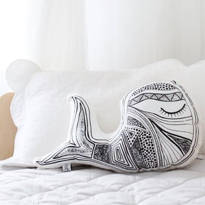 Whale Handmade Cushion Softie Toy Plush Animal Australian Sea Australia Indigenous Hand Drawn Unique Monochrome Black White image 1