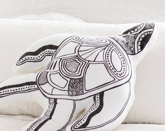 Turtle Handmade Cushion Softie Toy Plush Animal - Australian - Sea - Australia - Indigenous - Hand Drawn - Unique - Monochrome - Black White