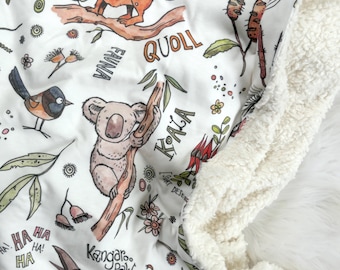 Organic Sherpa Baby Blanket - Aussie Animals - Neutral - Stroller, Crib, Cot Blanket, Handmade in Australia, 100% Organic, Gender