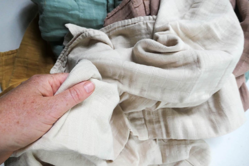Organic Muslin Gauze Swaddle Blanket BONE Cotton Fringe Baby Gift Neutral Earthy Green Baby Shower FREE Shipping Aus image 4