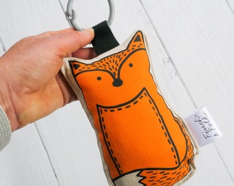 Organic Cotton Handmade Fox Rattle Toy – Detachable Link Ring – Washable - Woodland Animal - Wild - Orange - Gender Neutral - Natural