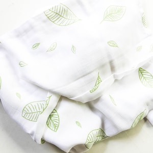 Organic Muslin Swaddle Wrap Hand Drawn Green Leaves GOTS certified organic cotton Gender Neutral Unisex Baby Gift Baby Blanket image 4